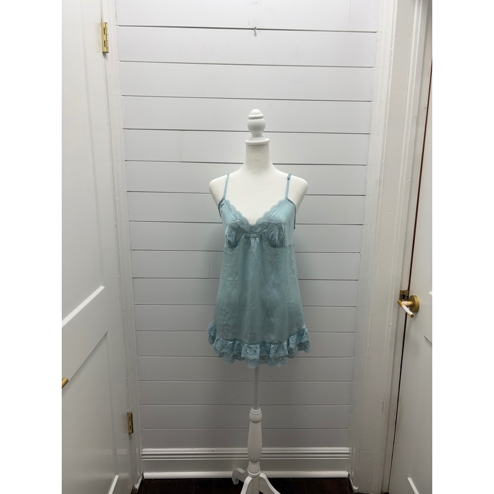 Y2K Victoria Secret 100% Silk Teal/Slate Blue Lace Ribbon Slip Size M Chemise